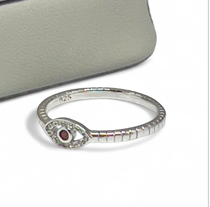 Sterling Silver Dark Garnet Stone Evil Eye CZ Ring-AE-91