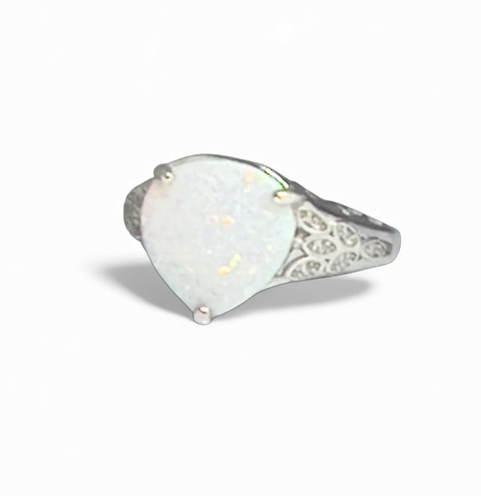 Sterling Silver Plump Pear Shape White Lab Opal Clear CZ Ring-AE-42
