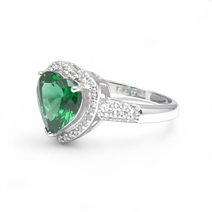 Sterling Silver Emerald Heart Halo CZ Ring-AE-31