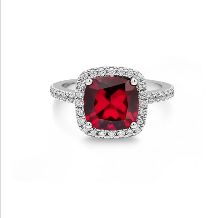 Sterling Silver Cushion-Cut Red CZ Ring-AE-09