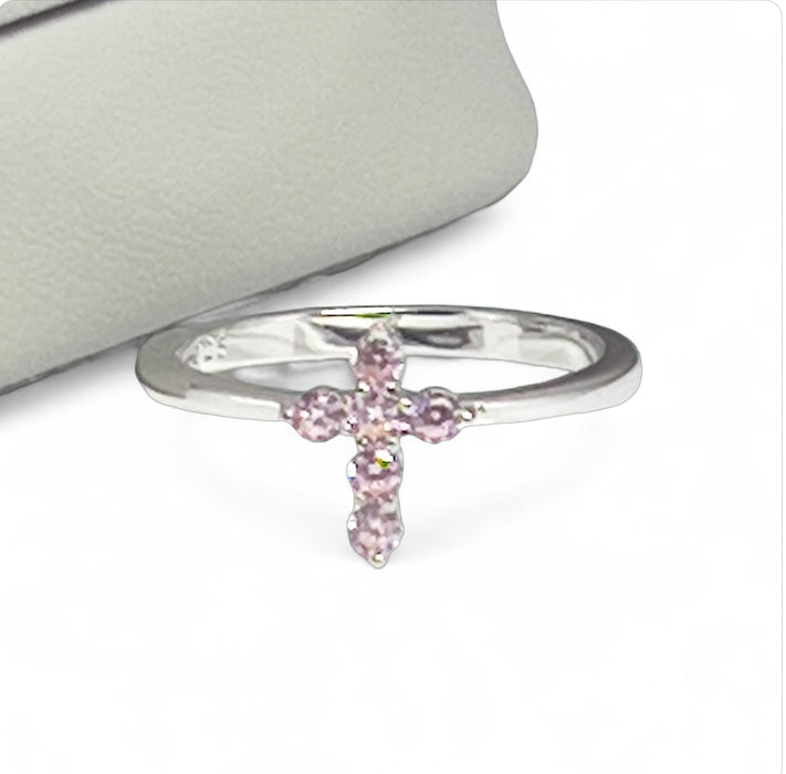 Sterling Silver Cross Pink CZ Ring-AE-82