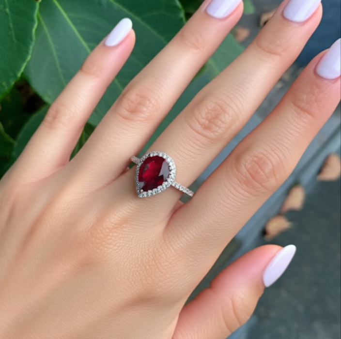 Sterling Silver Filigree Tear Drop Ruby Wedding Ring-ER-165