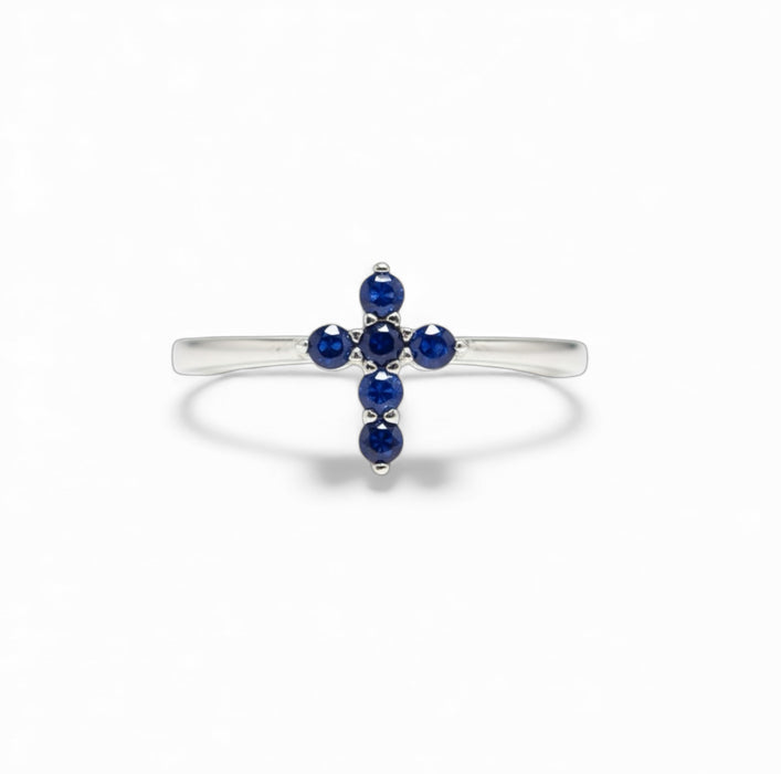 Sterling Silver Cross Blue CZ Ring-AE-85