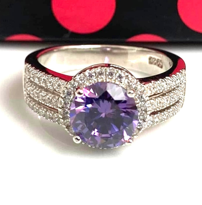 Sterling Silver Elegant Round Halo Amethiyst CZ Rring-CL-30