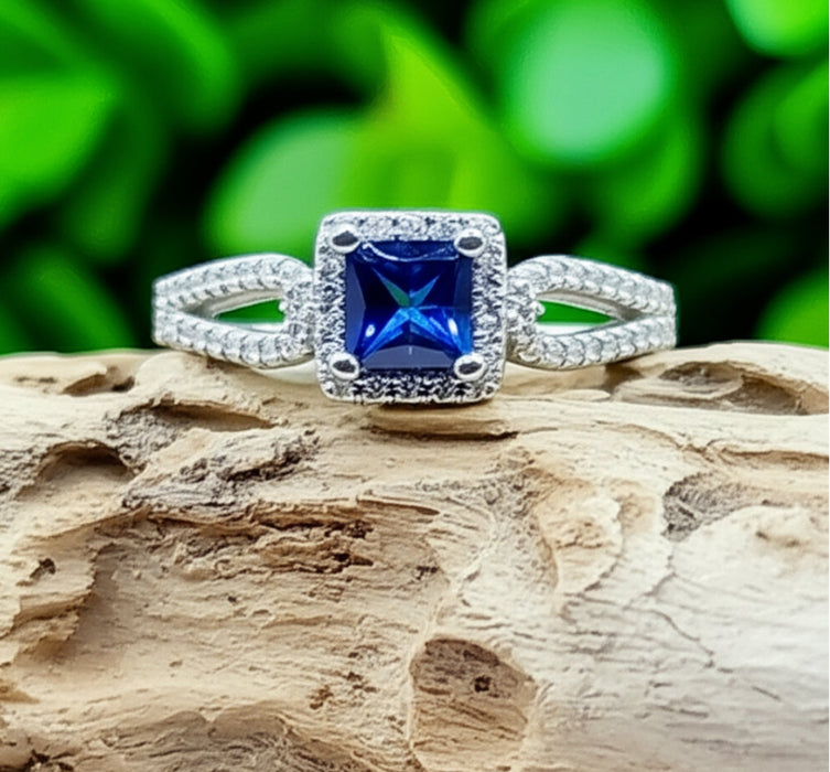 Sterling Silver Princess-Cut Blue CZ Ring- ER-05