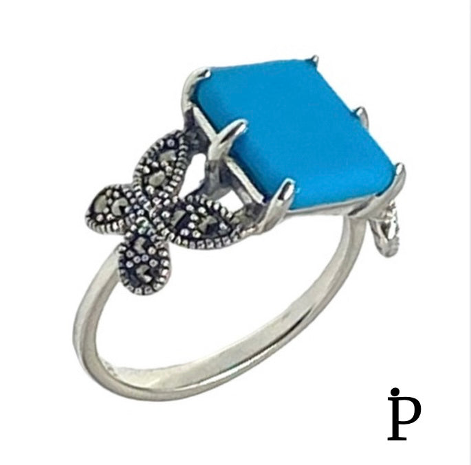 (AE-68) .925 Silver Simulated Turquoise Square Butterfly Ring