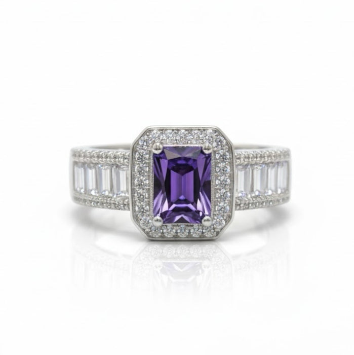 Sterling Silver Emerald Cut Amethyst Clear CZ Ring-AE-73
