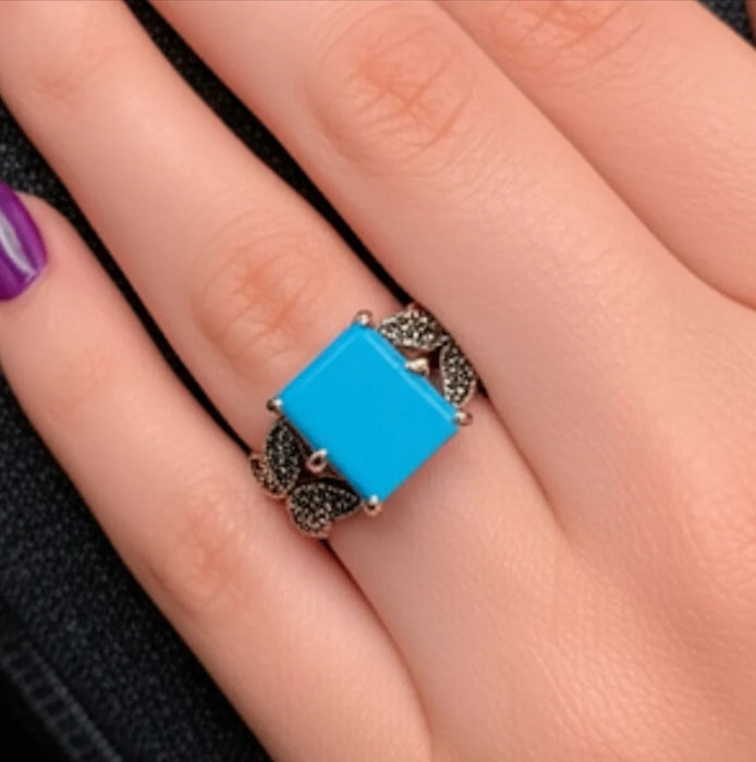 Square Turquoise Butterfly Sterling Silver Ring-AE-68