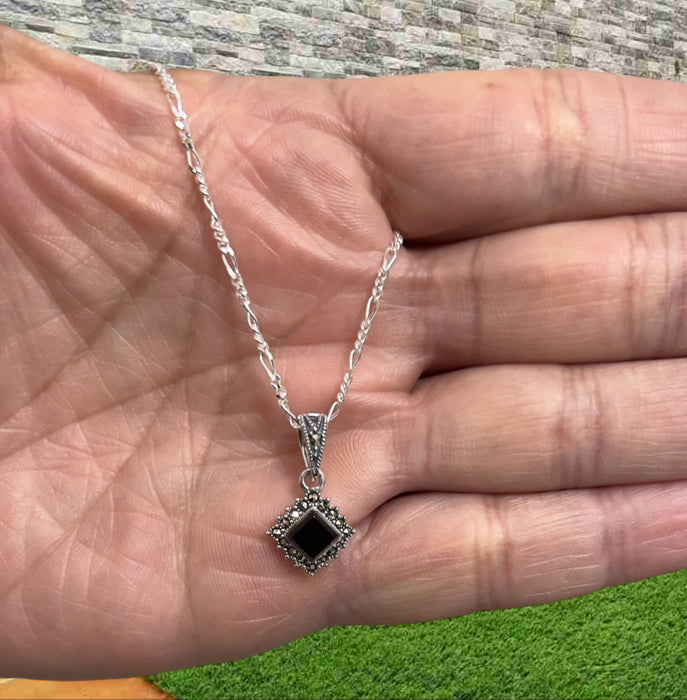Sterling Silver Black Onyx Square Marcasite Pendant Necklace-SN-17