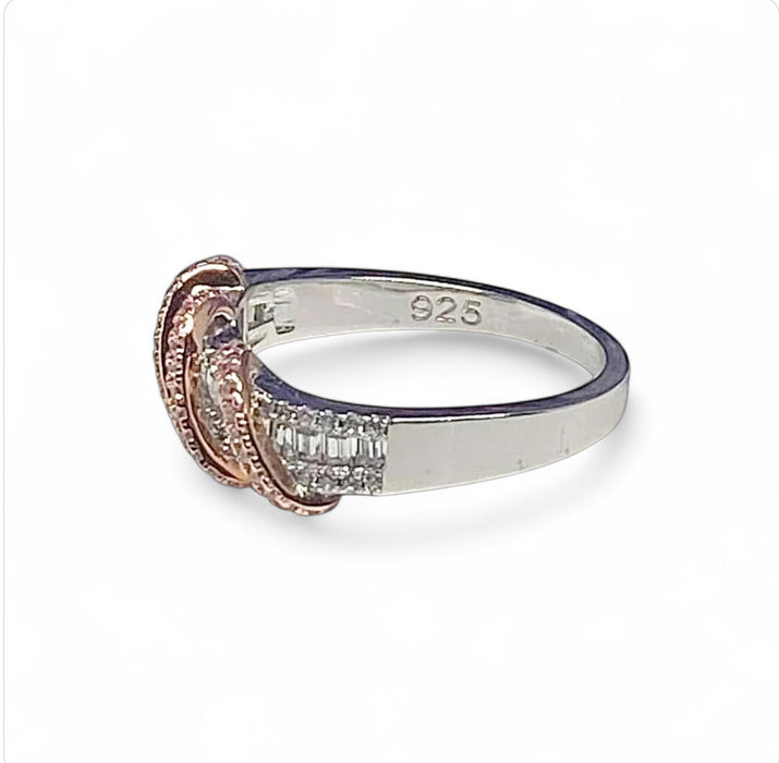 Sterling Silver Two Tone Rose Gold Plated Classic Braided Clear CZ Ring-ER-153