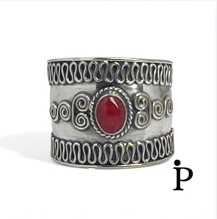 Sterling Silver Bali Style Red Coral Stone Ring-SR-49