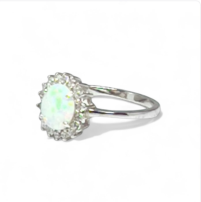 Sterling Silver Oval White Lab Opal CZ Ring-AE-37
