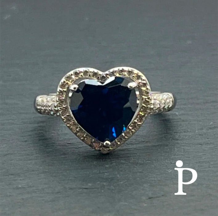 Sterling Silver Blue Sapphire Heart Halo CZ Ring -AE-49