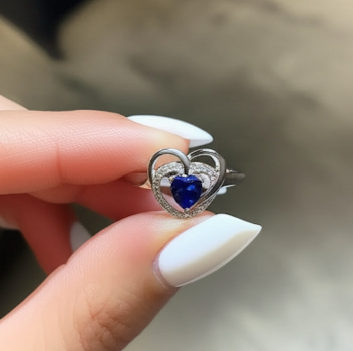 Sterling Silver Precious Heart Blue Sapphire CZ Ring-AE-56