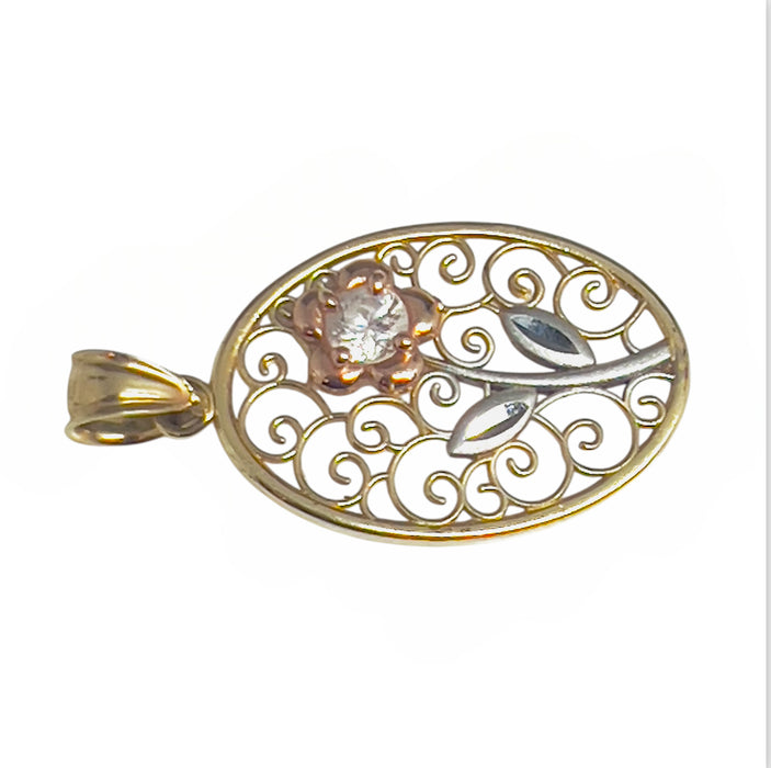 Solid 14K Gold Tri-Color Flower CZ Filigran Pendant-GP-17