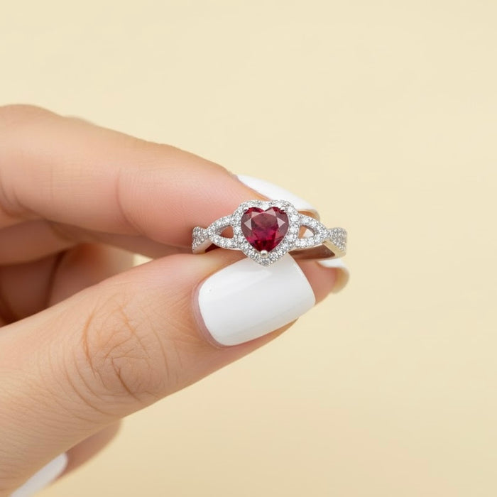Sterling Silver Heart Halo Twist Garnet CZ Ring-AE-44