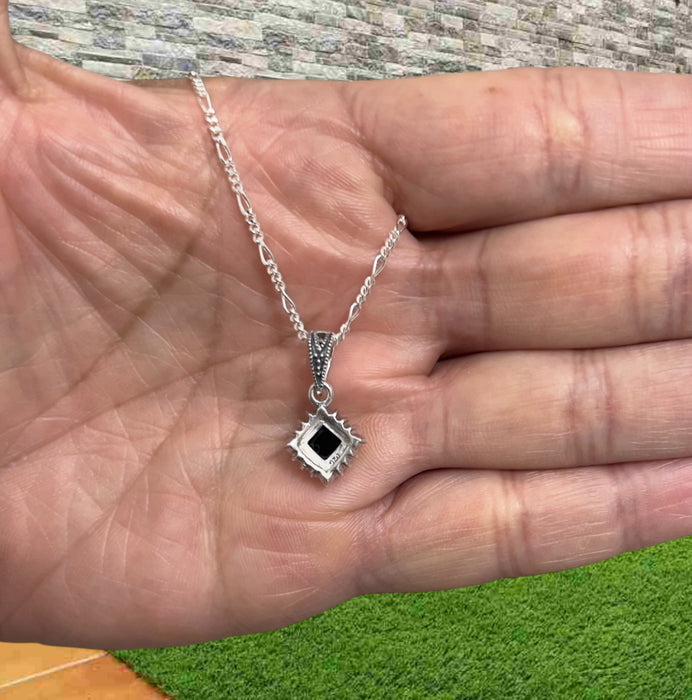 Sterling Silver Black Onyx Square Marcasite Pendant Necklace-SN-17