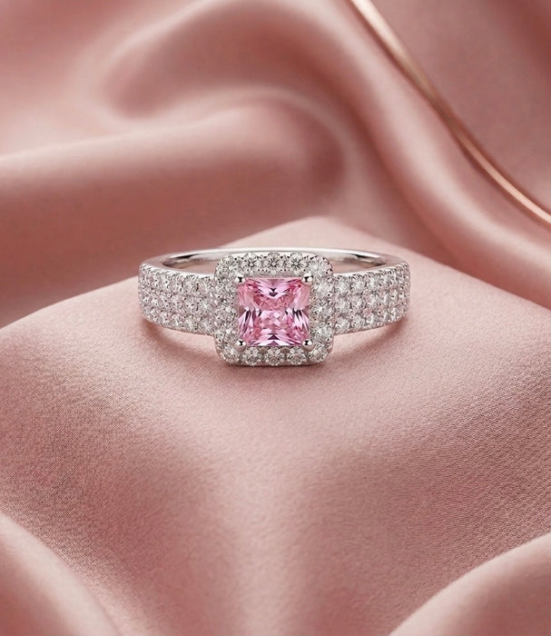 Sterling Silver Pink Princess Cut CZ Ring-AE-93