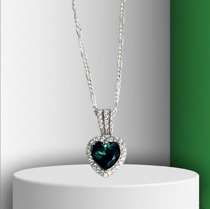 Sterling Silver Emerald Big Heart CZ Pendant Necklace-SN-21