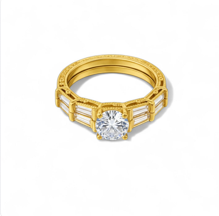 Sterling Silver Gold-Plated Baguette CZ Engagement Ring Set-ER-16