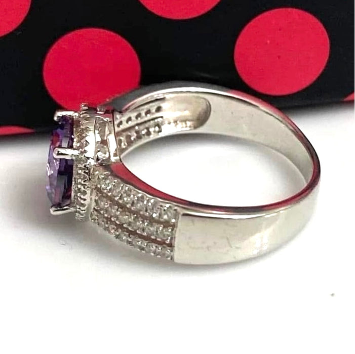 Sterling Silver Elegant Round Halo Amethiyst CZ Rring-CL-30