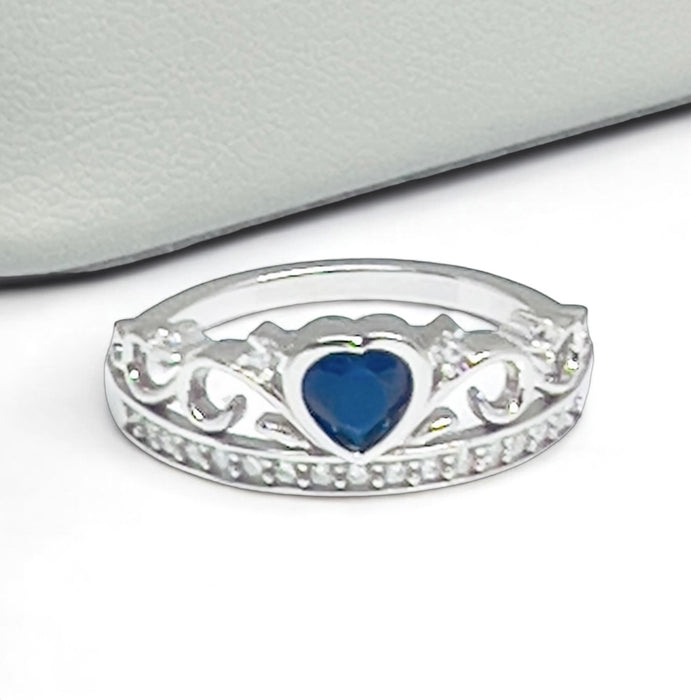 Silver Crown Heart Blue Sapphire CZ Ring-AE-81