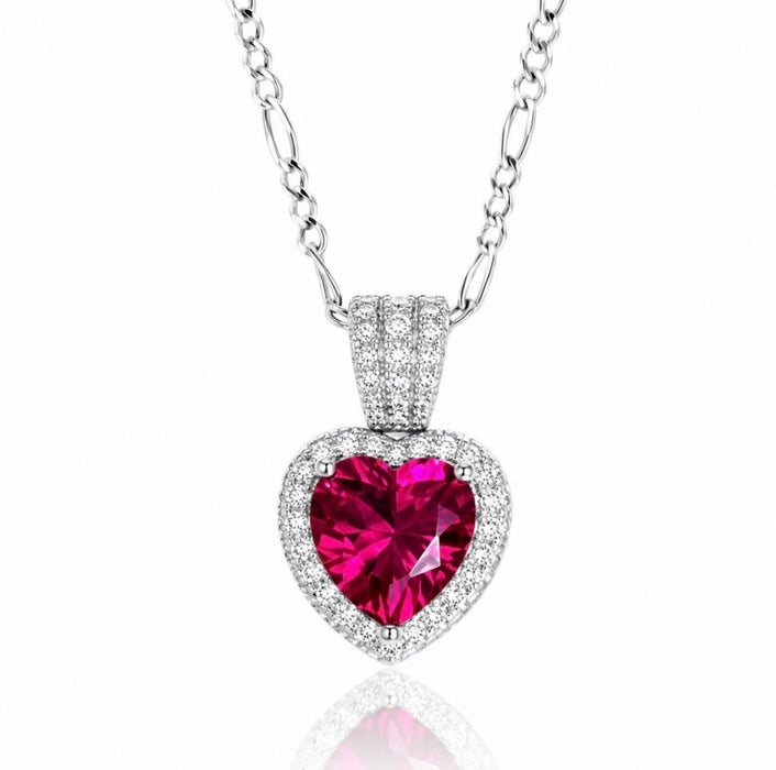 Sterling Silver Ruby Big Heart CZ Pendant Necklace-SN-22