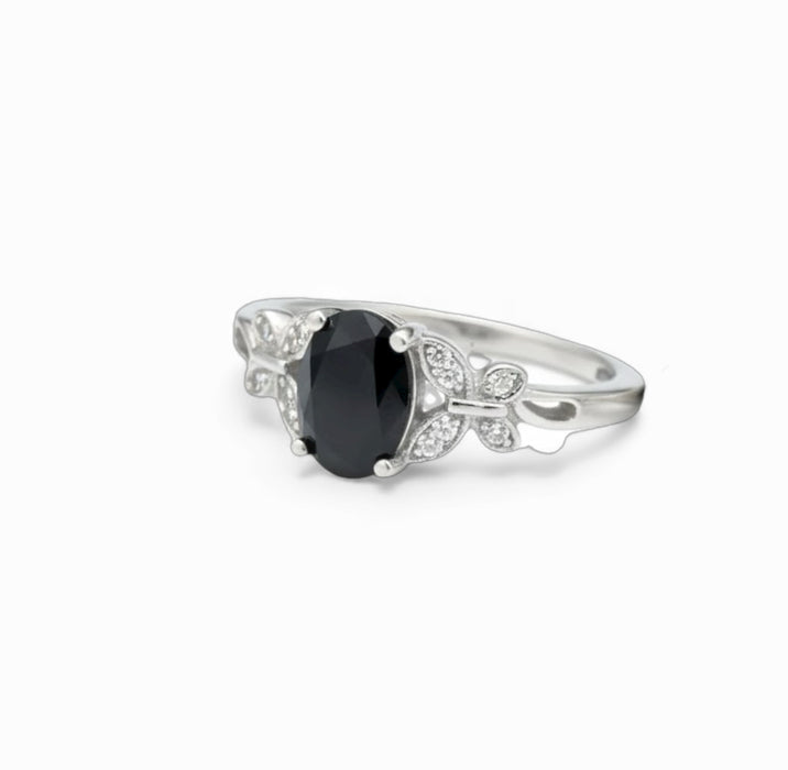 Sterling Silver Double Butterfly Black Center Stone CZ Ring-AE-41