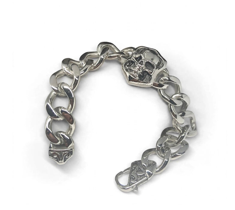 Stainless Steel Curb Link Chain ID Skull Bracelet -SS-35