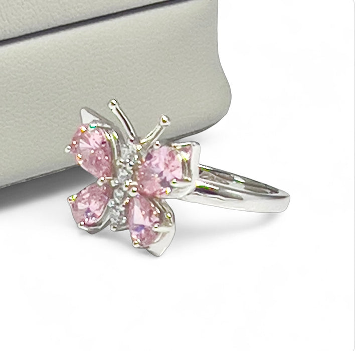Sterling Silver Large Pink CZ Butterfly Ring-AE-99