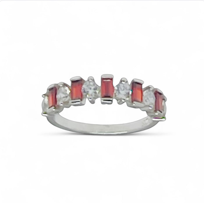 Sterling Silver Round & Baguette Garnet CZ Ring -AE-27