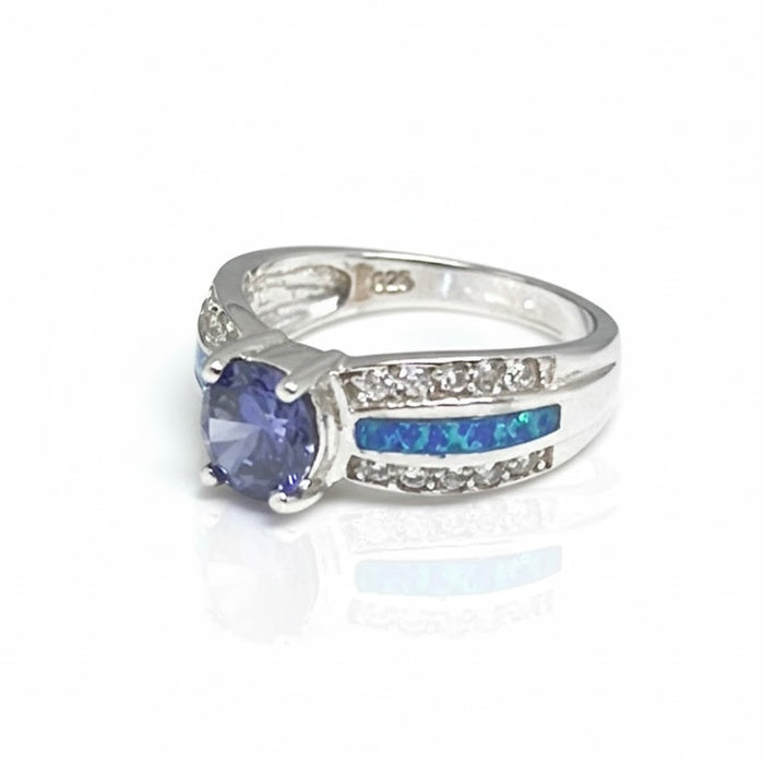 Sterling Silver Lab Opal Round Tanzanite CZ Ring -AE-16