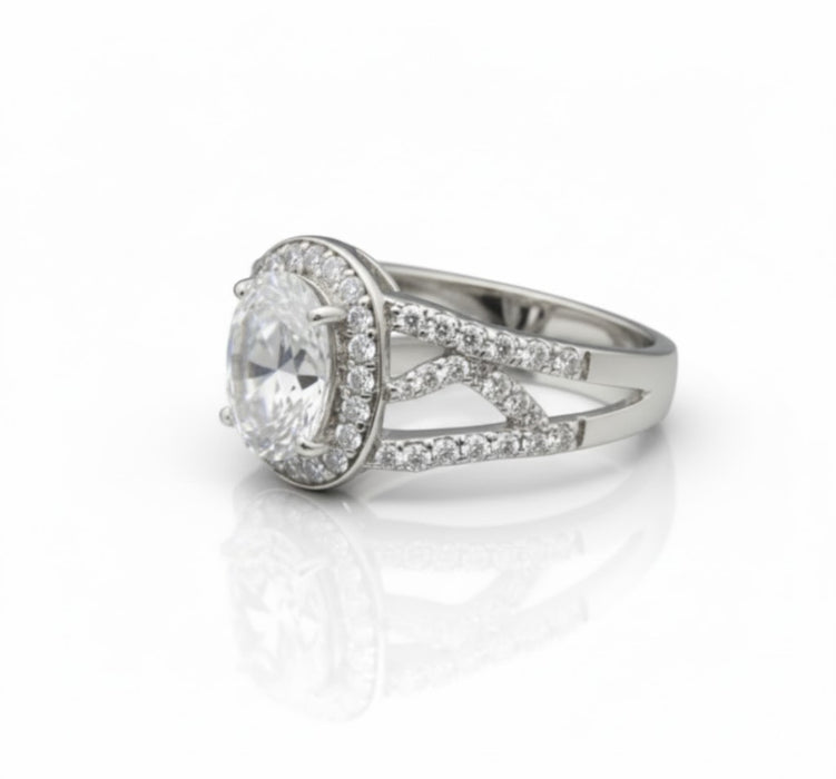 Halo Sterling Silver Ring Oval CZ-ER-35