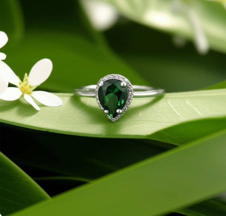 Sterling Silver Pear-Shaped Simulated Green Emerald Ring-AE-114