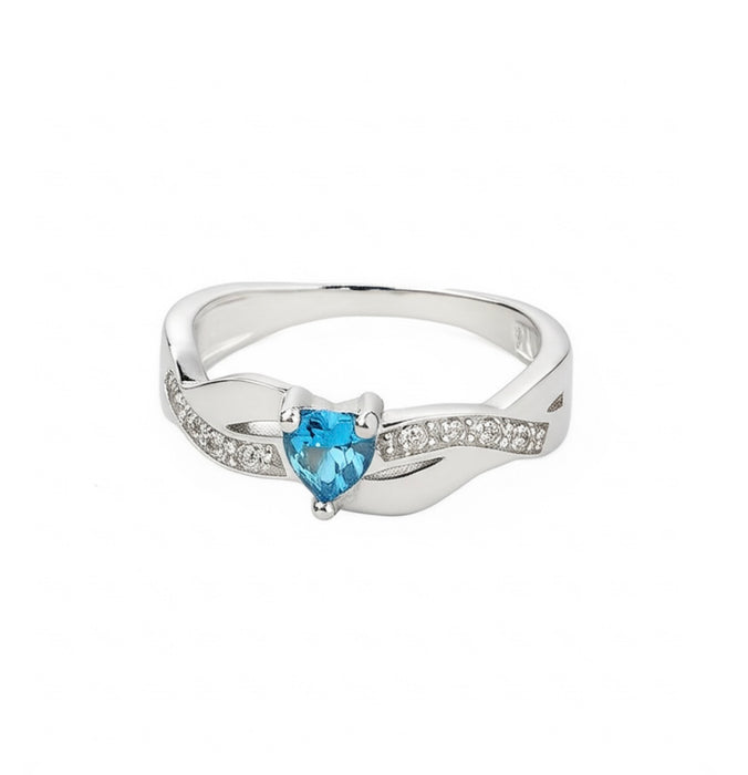 Sterling Silver Heart Shape Aquamarine CZ Ring-AE-40