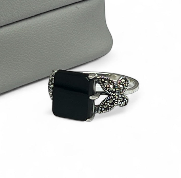 Sterling Silver Black Onyx Square Butterfly Marcasite Ring-AE-58