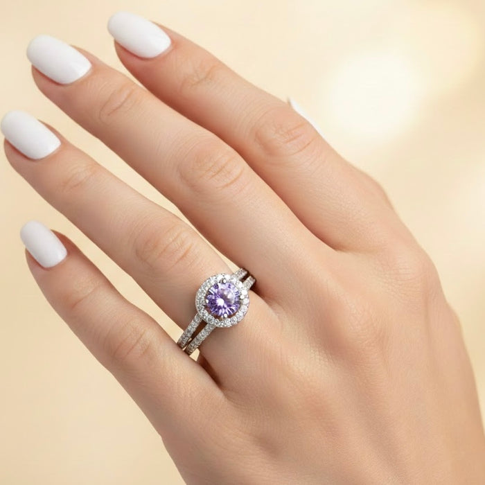 Sterling Silver Round Amethyst Halo CZ Ring-AE-107