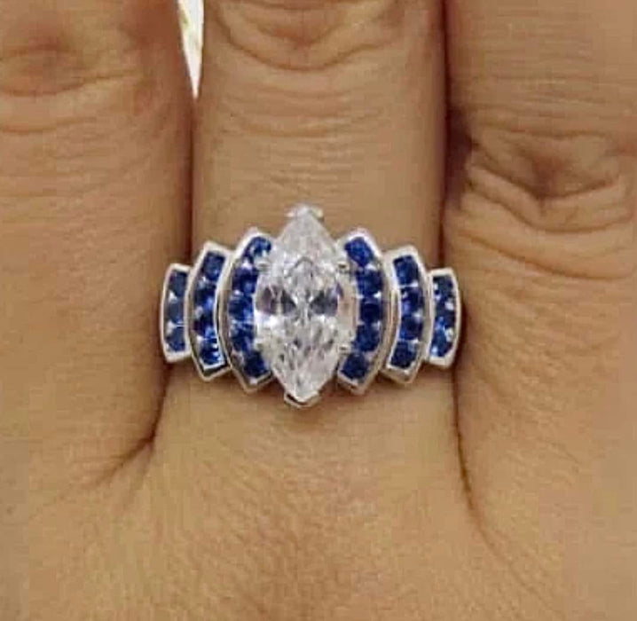 Sterling Silver Exquisite Blue Spinel Marquise Clear CZ Ring-ER-151