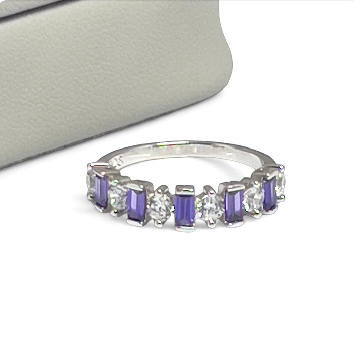 Sterling Silver Baguette Amethyst & White Ring-AE-122