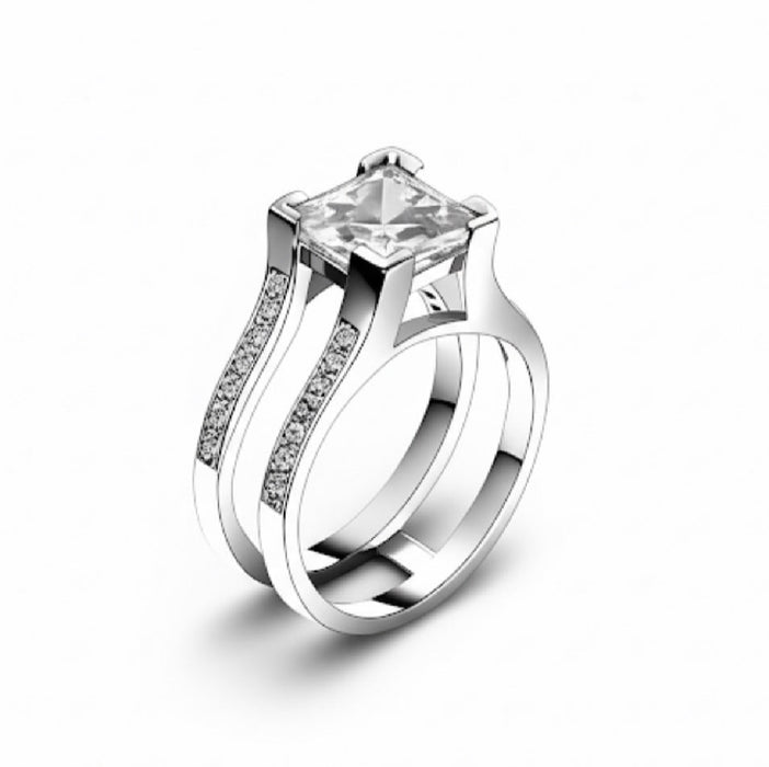 Sterling Silver Princess-Cut 2-Piece CZ Engagement Ring-ER-107