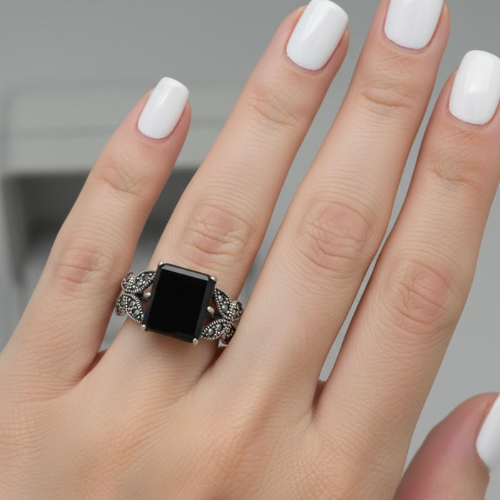 Sterling Silver Black Onyx Square Butterfly Marcasite Ring-AE-58