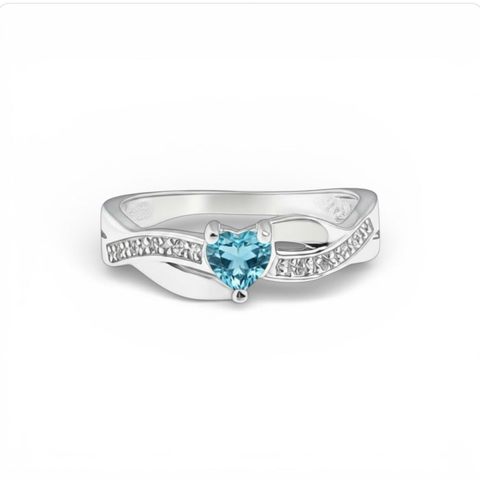 Sterling Silver Heart Shape Aquamarine CZ Ring-AE-40