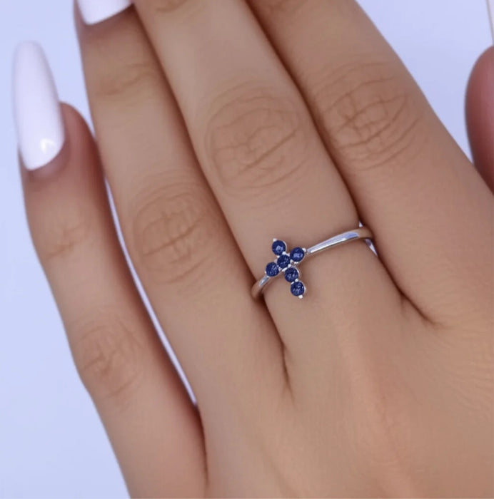 Sterling Silver Cross Blue CZ Ring-AE-85