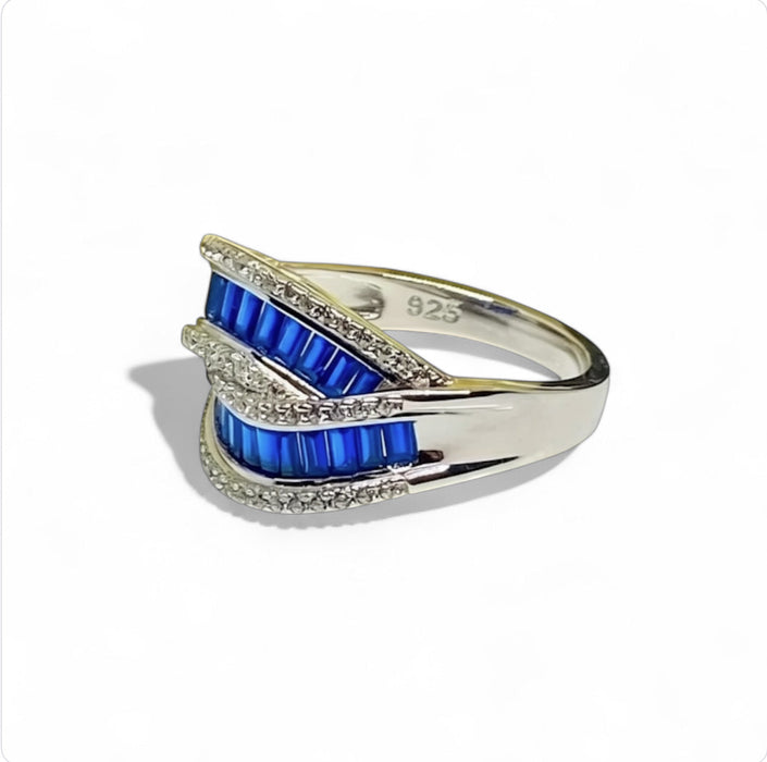 Sterling Silver Emerald Cut Blue Spinel Twisted Band Ring-ER-152