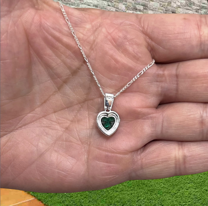 Sterling Silver Emerald Big Heart CZ Pendant Necklace-SN-21