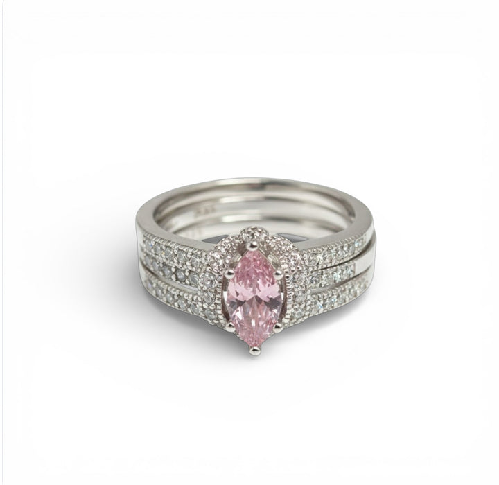 Sterling Silver Pink Marquise CZ Set Ring-AE-105