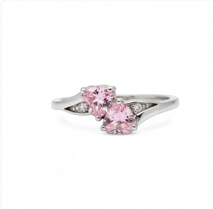 Sterling Silver Double Heart Pink CZ Ring-AE-01