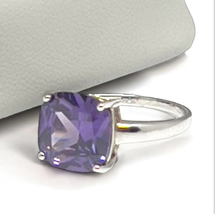 Sterling Silver Cushion Cut Amethyst CZ Ring-AE-18