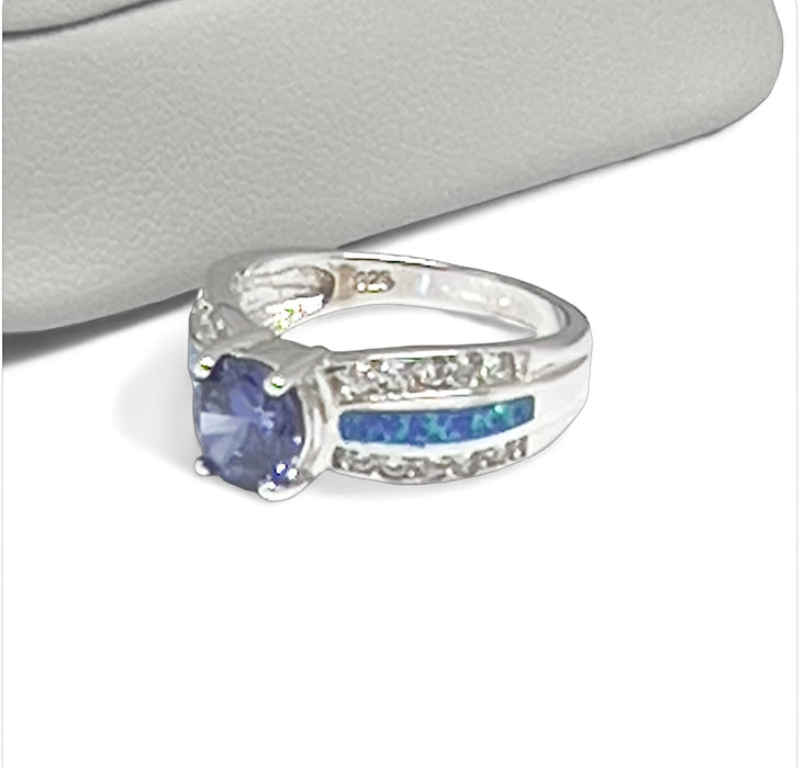 Sterling Silver Lab Opal Round Tanzanite CZ Ring -AE-16