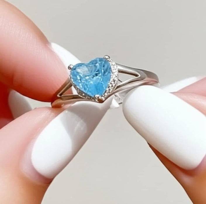 Sterling Silver Heart Aquamarine Cubic Zirconia Ring-AE-95